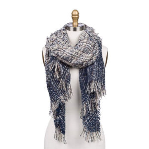 Blue & Ivory Textured Woven Fringe Scarf Cozy Oversized Winter Wrap